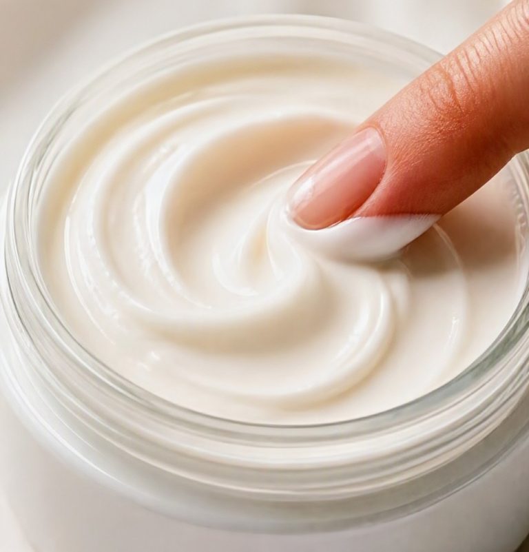 A clean, close-up of Tranexamic Acid Moisturizer cream in a jar shot — finger swirling in product