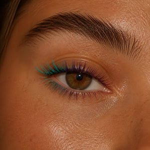 A close up vivid turquoise mascara at the line