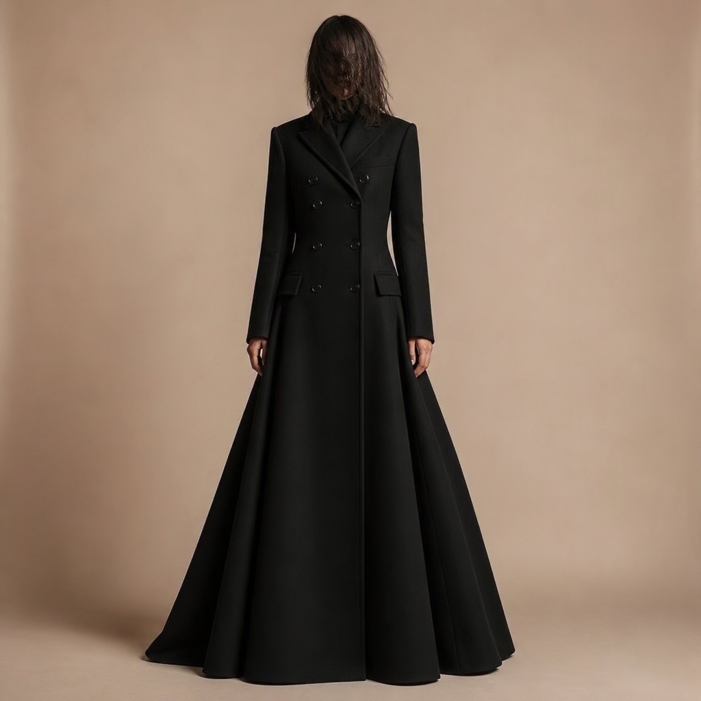 Ai photo of Camel oversized trench over black belted leather jacket, cocoon coat trend 2026